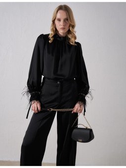 Mat Saten Geniş Paça Pantolon Siyah