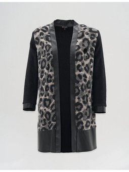 Suni Deri Garnili Leopar Desen Ceket Siyah