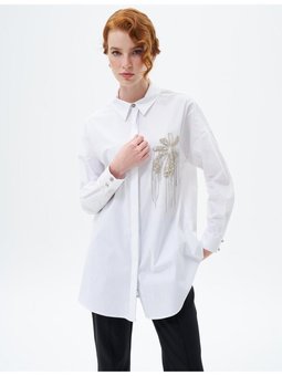 Taş İşlemeli Poplin Tunik Optik Beyaz