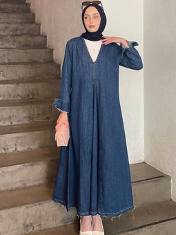 Açık Yaka Detaylı Kot Elbise Mavi