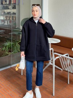 Önü Fermuarlı Yan Yırtmaçlı Üç Iplik Sweat Hırka Lacivert