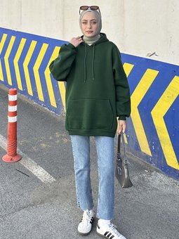 Üç Iplik Kanguru Cep Sweatshirt Zümrüt Yeşili