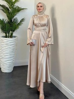 İspanyol Kol Saten Çapraz Kemerli Elbise