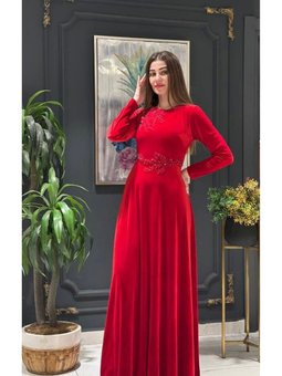 Aplike Detaylı Kadife Abiye Elbise 694 Kırmızı