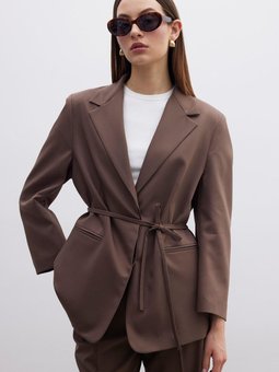 Düz Kapama Kuşaklı Blazer Ceket Kahverengi