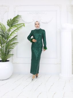 Zümrüt Yeşili Pul Payet Abiye Elbise