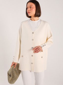 Ekru Düğmeli Triko Hırka 32 7034