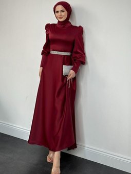Afra Beli Taşlı Balon Kol Abiye Elbise Bordo