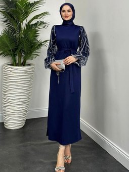 Angelica Kolları Simli Abiye Elbise Lacivert