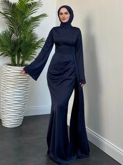 Arabella Pelerinli Saten Balık Abiye Elbise Lacivert