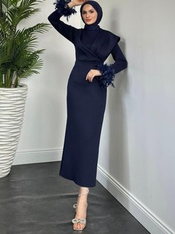 Azelya Kolları Tüylü Scuba Abiye Elbise Lacivert