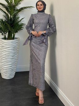 Bellanca Simli Abiye Elbise Gri