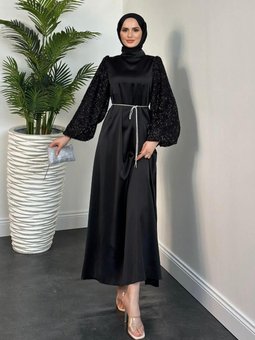 Carlotta Balon Kol Saten Abiye Elbise Siyah