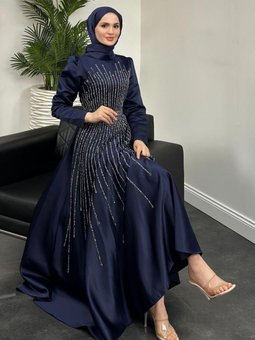 Julia Taşlı Tafta Abiye Elbise Lacivert