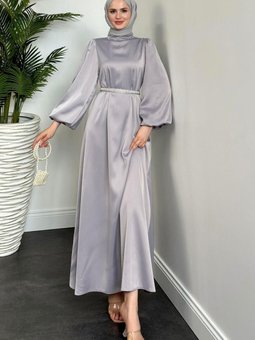 Nika Kemeri İncili Saten Abiye Elbise Füme