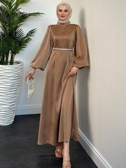 Nika Kemeri İncili Saten Abiye Elbise Sütlü Kahve