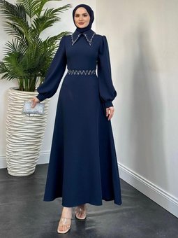 Nomi Yakası Taşlı Mevlana Kesim Abiye Elbise Lacivert