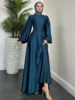 Orya Yanları Sıkmalı Saten Abiye Elbise Petrol Yeşili