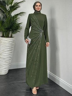 Waylon Önü Taşlı Abiye Elbise Haki