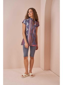 Etnik Desen Yarı Kapalı Mayo Gri