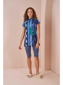 Etnik Desen Yarı Kapalı Mayo İndigo