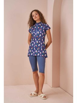 Puantiye Desen Yarı Kapalı Mayo İndigo