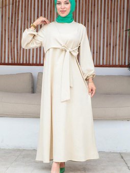 Bej Bel Bağlama Detaylı Elbise