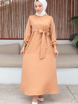 Camel Bel Bağlama Detaylı Koyu Somon Elbise