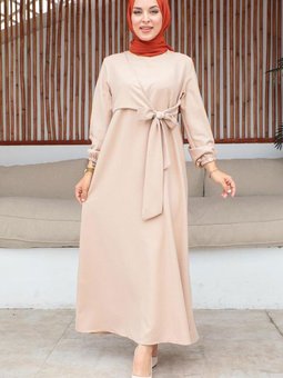Camel Bel Bağlama Detaylı Somon Elbise