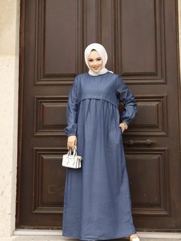 Koyu Lacivert Pervaz Detaylı Kot Elbise