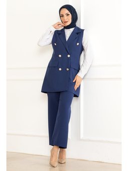 Düğme Detaylı İkili İndigo Takım