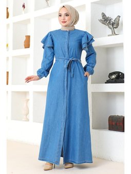 Omuzu Fırfırlı Düğmeli Açık Mavi Ferace