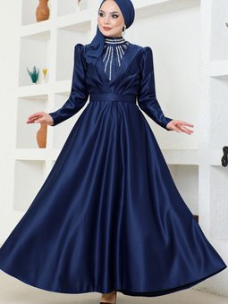 Drapeli Saten Abiye Elbise Ygs6559 Lacivert