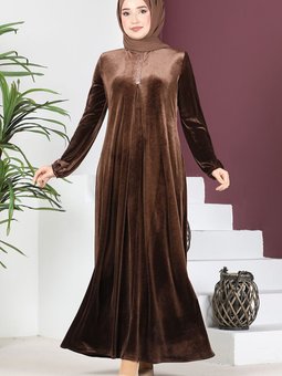 Kadife Abiye Elbise Asm2635 Kahverengi