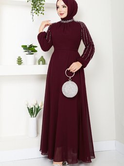 Kolları İşlemeli Abiye Elbise 6089lpn909 M Bordo