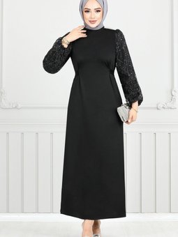 Kolları Sim Detaylı Abiye Elbise 5602end900 M Siyah