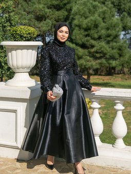 Kuşaklı Saten Abiye Elbise Siyah Asm2537