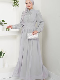 Pullu Şifon Abiye Elbise Ygs4020 Gri