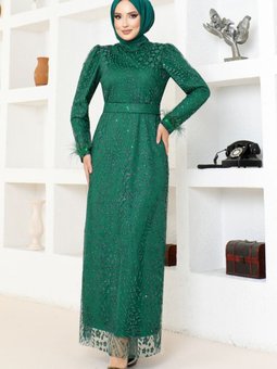 Simli Tül Abiye Elbise Ygs6569 Zümrüt Yeşili