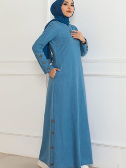 Açık Mavi Düğme Detaylı Cepli Kot Elbise