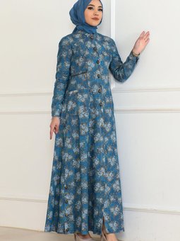 Açık Mavi Düğme Detaylı Kot Elbise