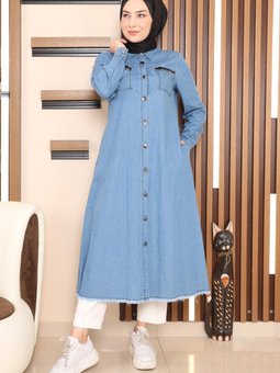 Açık Mavi Düğmeli Şerit Simli Kot Tunik