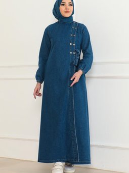 Açık Mavi Düğmeli Yandan Bağlamalı Kot Ferace