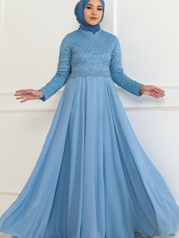 Bebe Mavisi İnci Detaylı Abiye Elbise