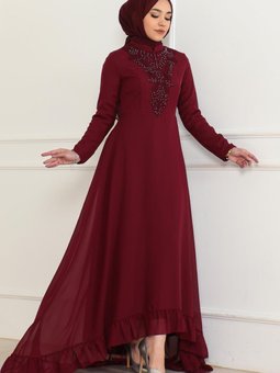 Bordo İnci Detaylı Abiye Elbise