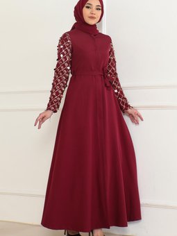 Bordo Saçak Detaylı Abiye Elbise