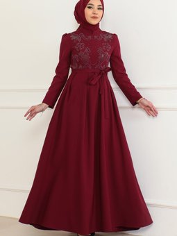 Bordo Taş Detaylı Elbise
