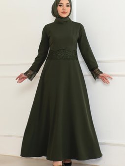 Haki Dantel Detaylı Elbise
