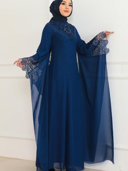 İndigo Dantel Detaylı Abiye Elbise