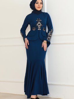 İndigo Desenli Balık Abiye Elbise